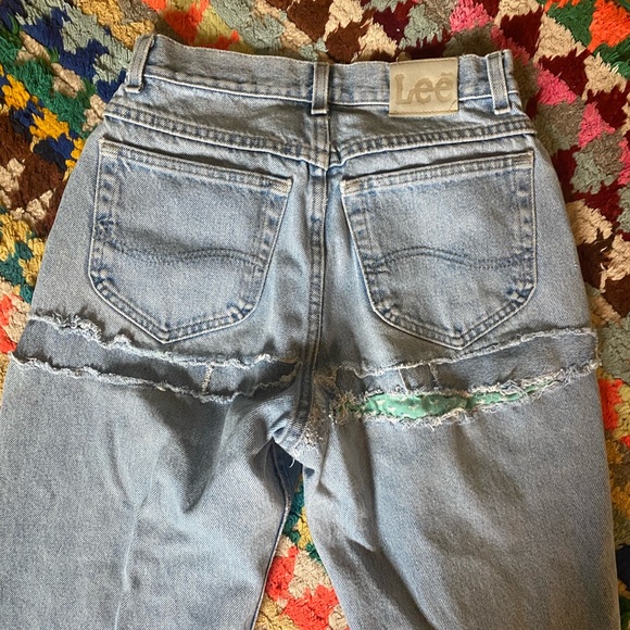 Distressed Lee High Waisted Mom Jeans with Floral Patch on Bum Area - Picture 3 of 4